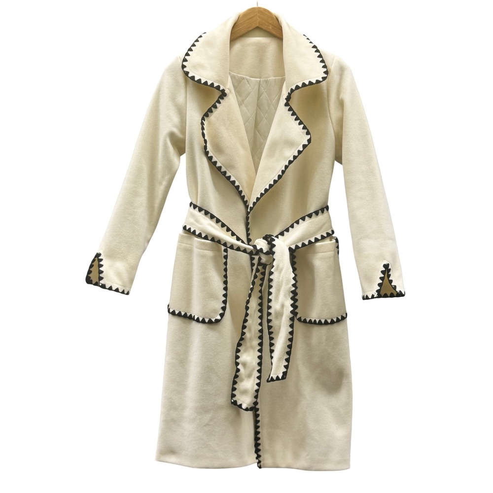 Size Large - Souk + Sepia Cream Ric Rac Trim Wrap Coat Belt and Quilted Lining